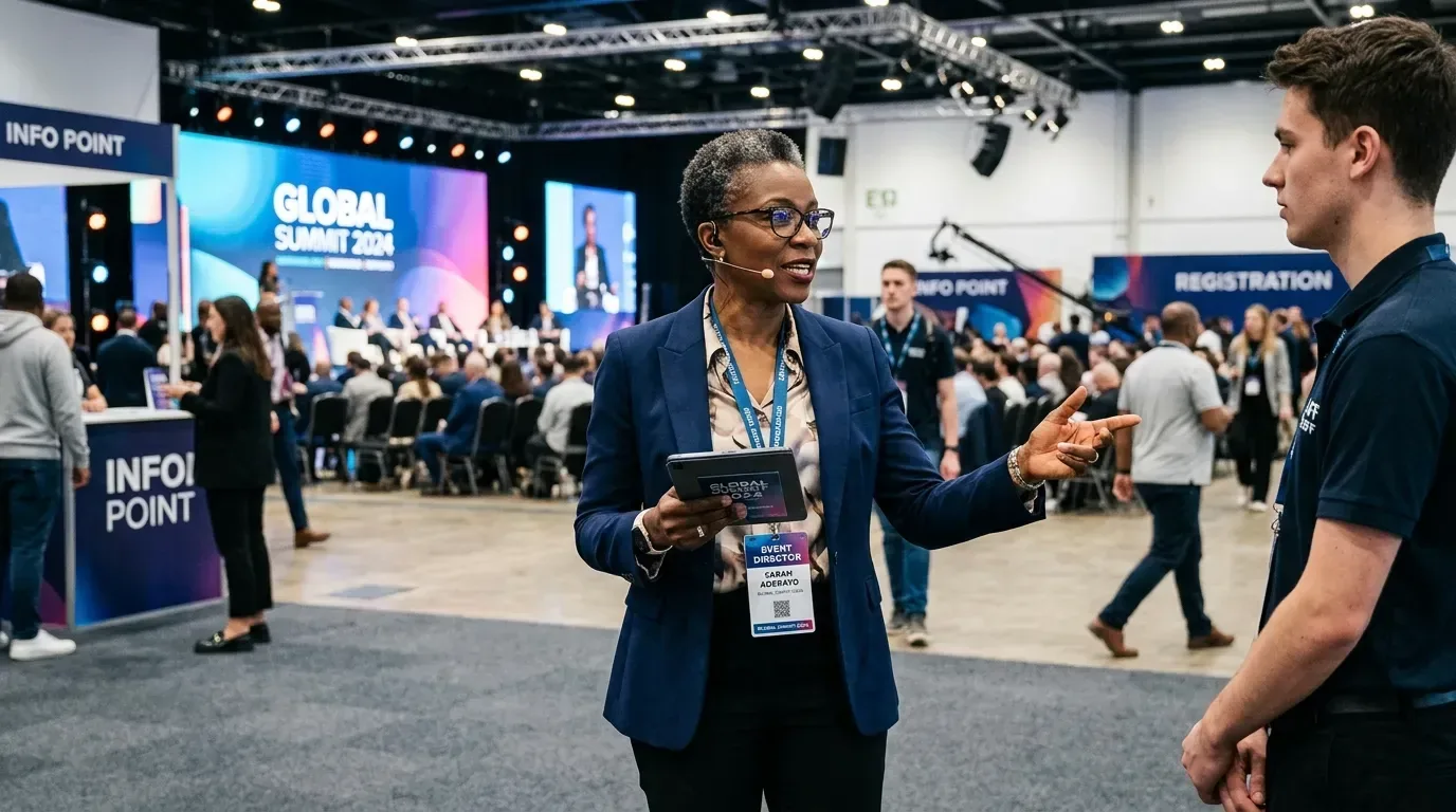 A nonprofit leader with a tablet on the floor of a summit